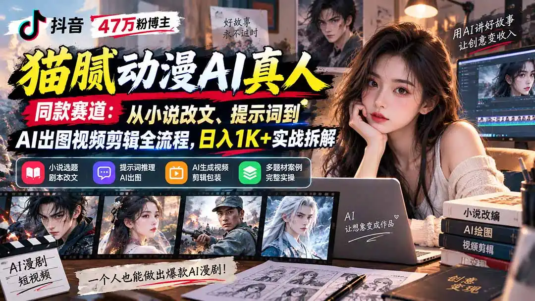 抖音47万粉博主猫腻动漫AI真人同款赛道:从小说改文、提示词到AI出图视频剪辑全流程,日入1K+实战拆解 抖音47万粉博主猫腻动漫AI真人同款赛道:从小说改文、提示词到AI出图视频剪辑全流程,日入1K+实战拆解