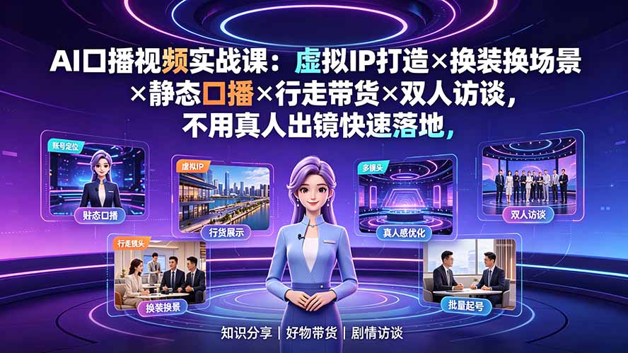 AI口播视频实战课：虚拟IP打造×换装换场景×静态口播×行走带货×双人访谈，不用真人出镜快速落地-百盟网