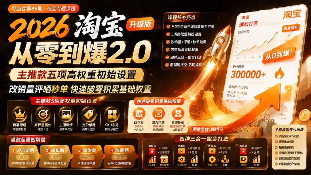 2026淘宝从零到爆2.0第85期；主推款五项高权重初始设置，改销量评晒秒单快速破零积累基础权重-百盟网