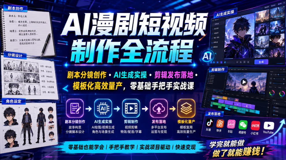 AI漫剧短视频制作全流程｜剧本分镜创作・AI生成实操・剪辑发布落地・模板化高效量产，零基础手把手实战课-百盟网