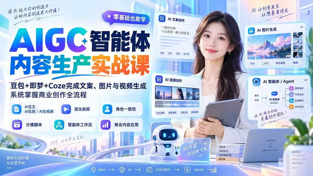 AIGC智能体内容生产实战课：豆包+即梦+Coze完成文案、图片与视频生成，系统掌握商业创作全流程-百盟网