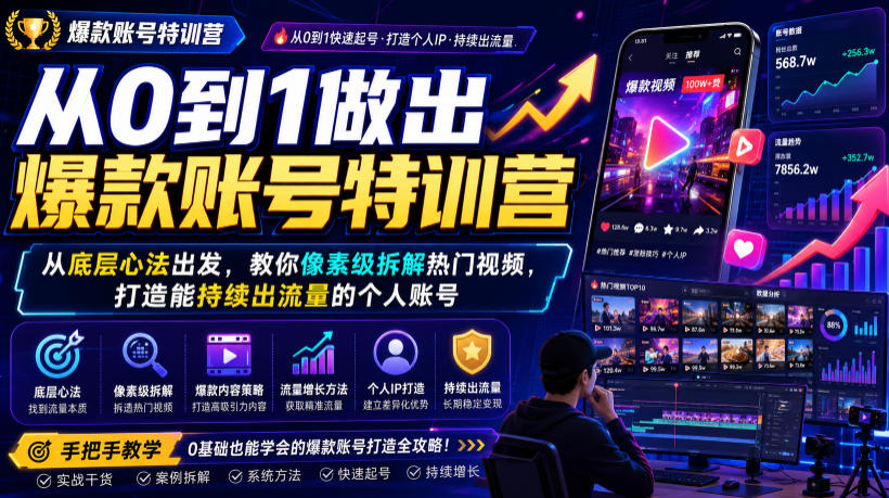 从0到1做出爆款账号特训营，从底层心法出发，教你像素级拆解热门视频，打造能持续出流量的个人账号-百盟网