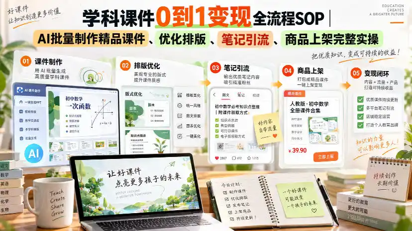 学科课件0到1变现全流程SOP｜AI批量制作精品课件、优化排版、笔记引流、商品上架完整实操-百盟网