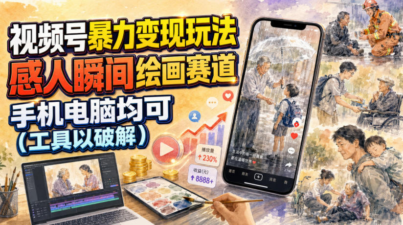 视频号暴力变现玩法,感人瞬间绘画赛道,手机电脑均可-百盟网