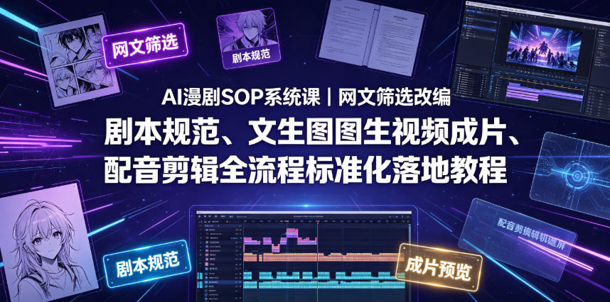 AI漫剧SOP系统课｜网文筛选改编、剧本规范、文生图图生视频成片、配音剪辑全流程标准化落地教程-百盟网