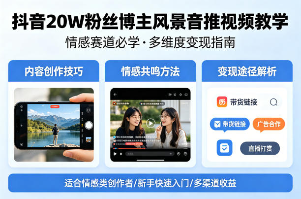 抖音20W粉丝博主风景音推视频教学，情感赛道必学，各种变现途径-百盟网
