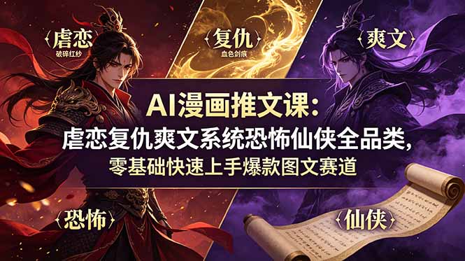 AI漫画推文课：虐恋复仇爽文系统恐怖仙侠全品类，零基础快速上手爆款图文赛道-百盟网