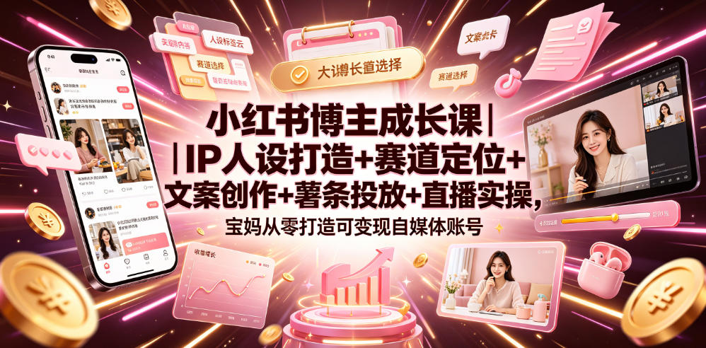 小红书博主成长课｜IP人设打造+赛道定位+文案创作+薯条投放+直播实操，宝妈从零打造可变现自媒体账号-百盟网