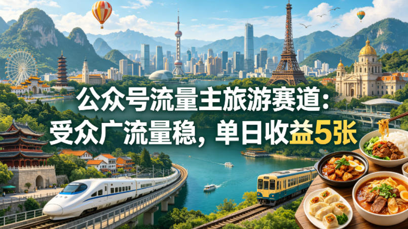 公众号流量主之旅游赛道,受众广+流量稳,平均单日收益5张+-百盟网