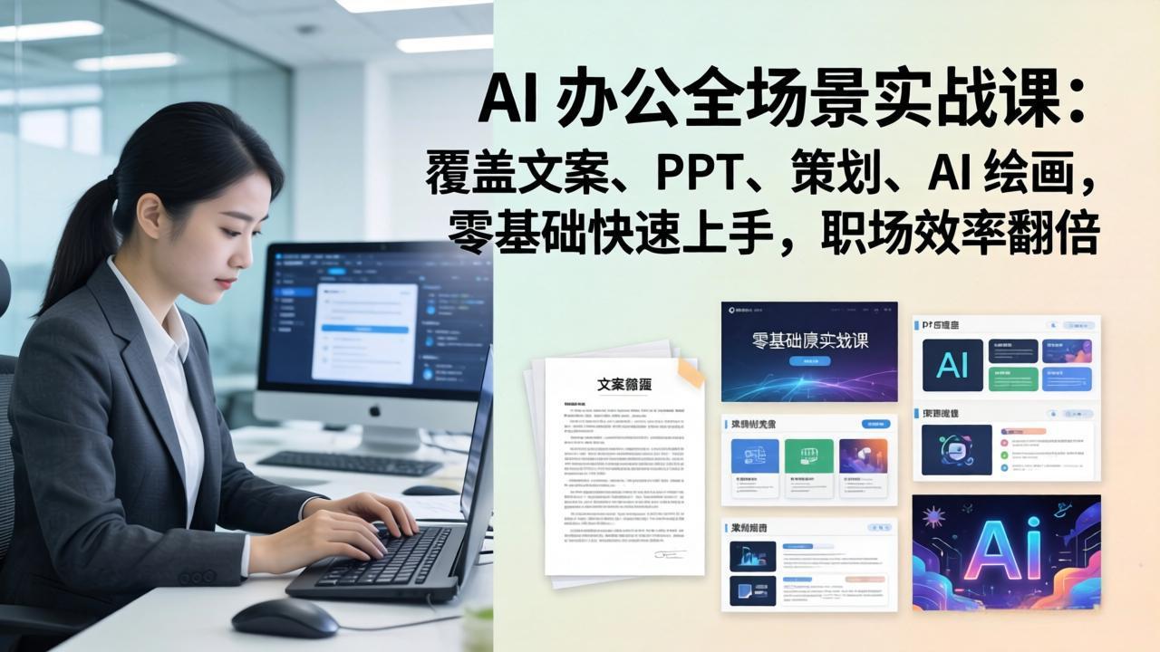 AI 办公全场景实战课：覆盖文案、PPT、策划、AI 绘画，零基础快速上手，职场效率翻倍-百盟网