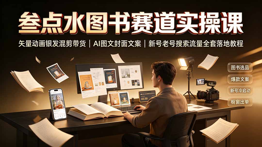 叁点水图书赛道实操课｜矢量动画银发混剪带货，AI图文封面文案，新号老号搜索流量全套落地教程-百盟网
