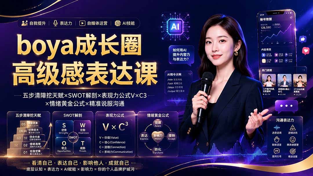 boya成长圈｜内心成长高级表达AI自媒体三合一，消解内耗挖掘天赋，镜头沟通AI指令短视频全流程教学-百盟网