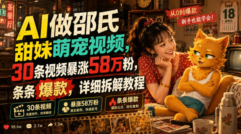 AI做邵氏甜妹萌宠视频,30条视频暴涨58万粉,条条爆款,详细拆解教程-百盟网