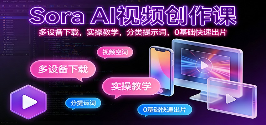 Sora AI视频创作课：多设备下载，实操教学，分类提示词，0基础快速出片-百盟网