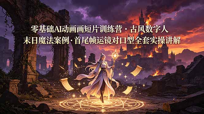 零基础AI动画短片训练营，古风数字人末日魔法案例，首尾帧运镜对口型全套实操讲解-百盟网