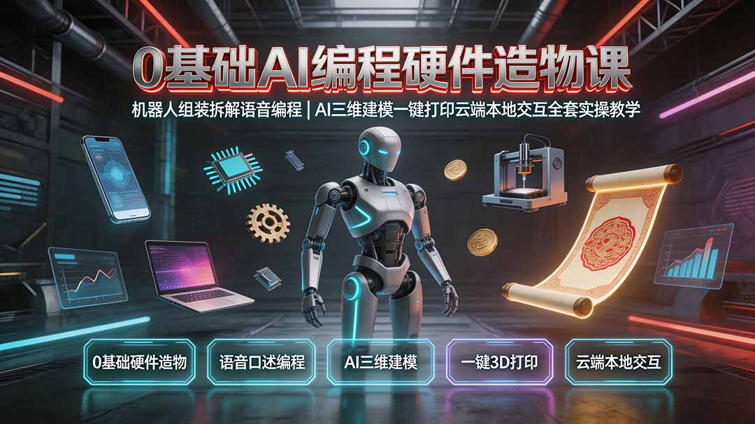 0基础AI编程硬件造物课｜机器人组装拆解语音编程，AI三维建模一键打印云端本地交互全套实操教学-百盟网