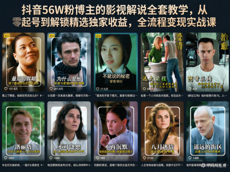 抖音56W粉博主的影视解说全套教学，从零起号到解锁精选独家收益，全流程变现实战课-百盟网