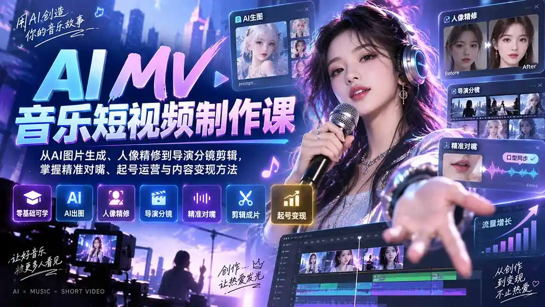 AI MV音乐短视频制作课：从AI图片生成、人像精修到导演分镜剪辑，掌握精准对嘴、起号运营与内容变现方法-百盟网