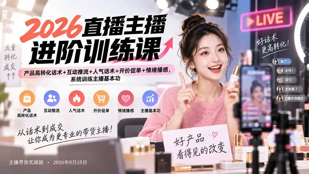 2026直播主播进阶训练课：产品高转化话术+互动推流+人气话术+开价促单+情绪播感，系统训练主播基本功-百盟网