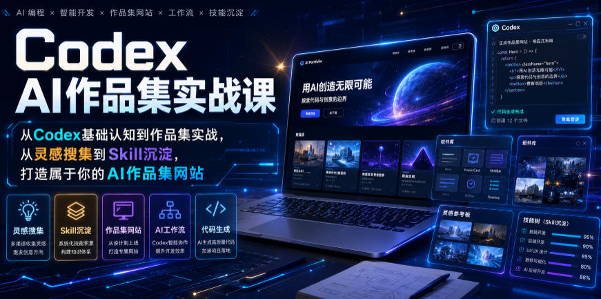 Codex AI作品集实战课，从Codex基础认知到作品集实战，从灵感搜集到Skill沉淀，打造属于你的AI作品集网站-百盟网