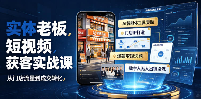 实体老板短视频获客实战课|AI智能体工具全套实操、门店IP打造、爆款变现选题、数字人无人出镜引流完整教程-百盟网