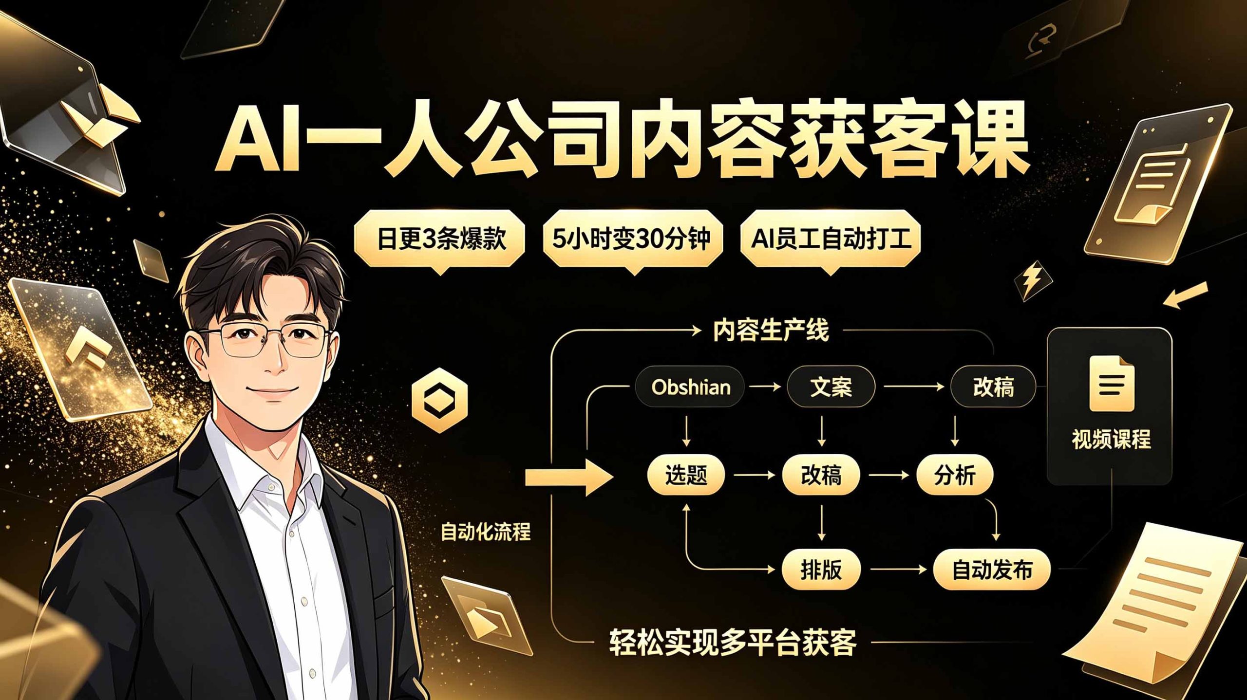 AI一人公司内容获客课：日更3条爆款×5小时变30分钟×AI员工自动打工，轻松实现多平台获客-百盟网