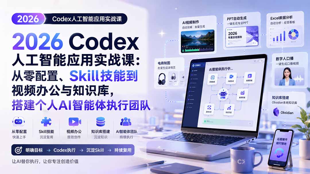 2026 Codex人工智能应用实战课:从零配置、Skill技能到视频办公与知识库,搭建个人AI智能体执行团队-百盟网