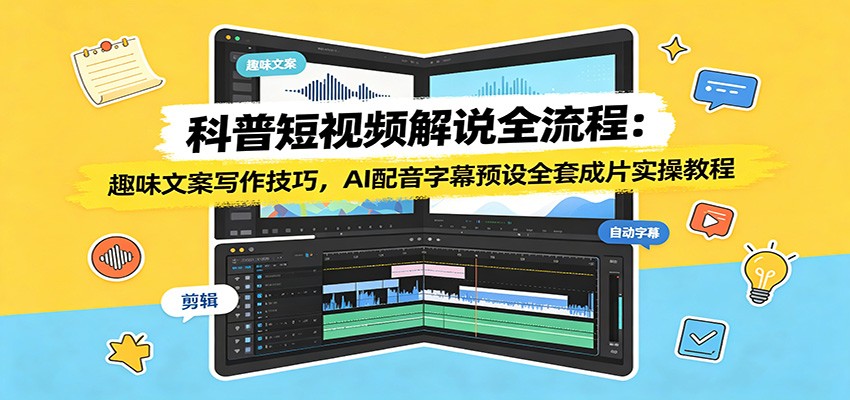 科普短视频解说全流程：趣味文案写作技巧，AI配音字幕预设全套成片实操教程-百盟网