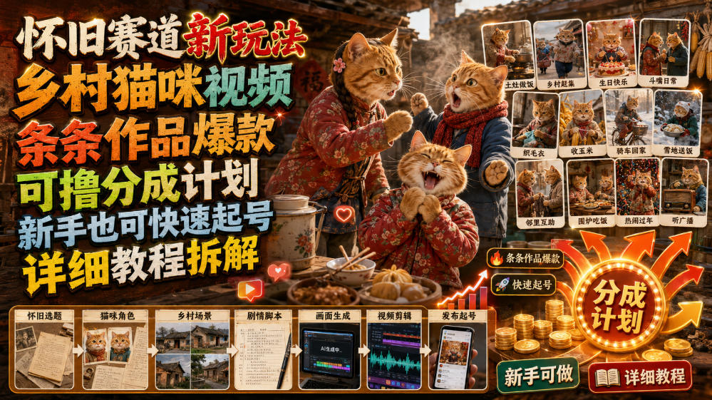 怀旧赛道新玩法,乡村猫咪视频,条条作品爆款,可撸分成计划,新手也可快速起号,详细教程拆解-百盟网