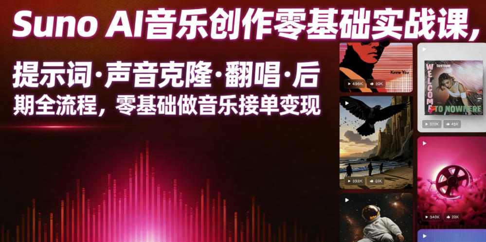 Suno AI音乐创作实战课,提示词・声音克隆・翻唱・后期全流程,零基础做音乐接单变现-百盟网