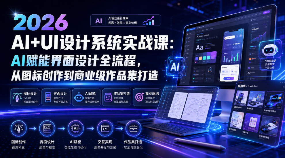 2026 AI+UI设计系统实战课:AI赋能界面设计全流程,从图标创作到商业级作品集打造-百盟网