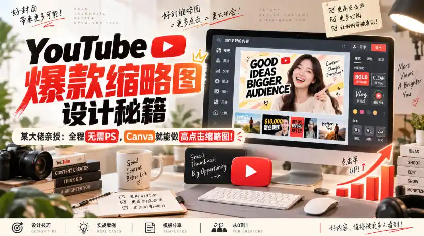 YouTube爆款缩略图设计秘籍，某油管大佬(610万订阅者)亲授，全程无需PS，Canva就能做高点击缩略图！【原创双语字幕】-百盟网