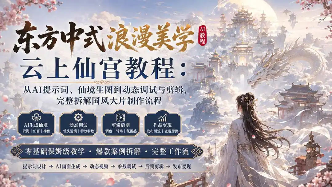 东方中式浪漫美学云上仙宫教程：从AI提示词、仙境生图到动态调试与剪辑，完整拆解国风大片制作流程-百盟网