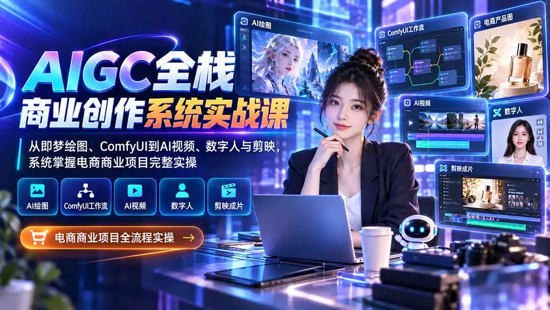 AIGC全栈商业创作系统实战课：从即梦绘图、ComfyUI到AI视频、数字人与剪映，系统掌握电商商业项目完整实操-百盟网