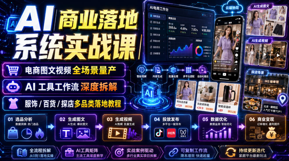 AI商业落地系统实战课|电商图文视频全场景量产・AI工具工作流深度拆解・服饰/百货/探店多品类落地教程-百盟网