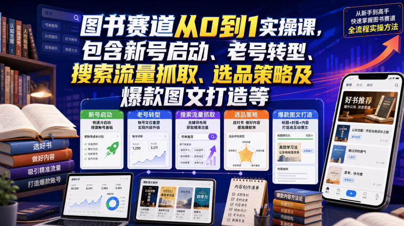 图书赛道从0到1实操课,包含新号启动、老号转型、搜索流量抓取、选品策略及爆款图文打造等-百盟网