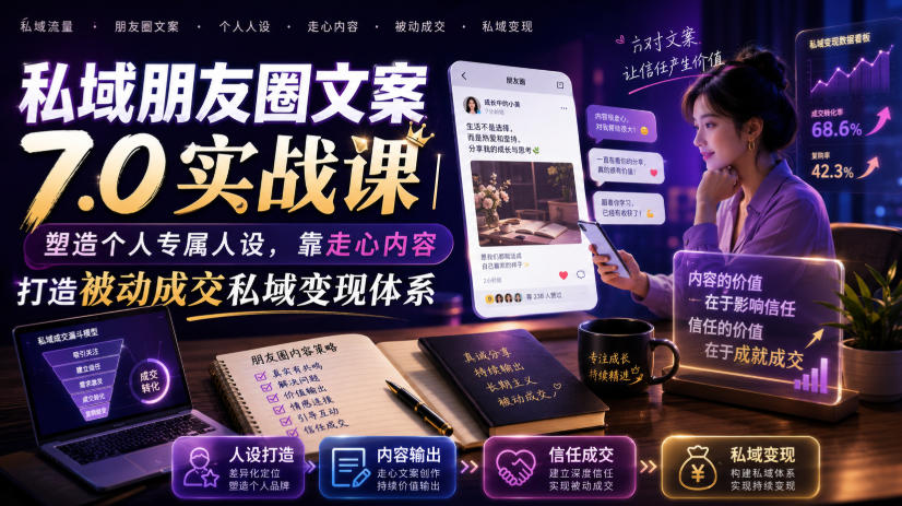 私域朋友圈文案7.0实战课|塑造个人专属人设,靠走心内容打造被动成交私域变现体系-百盟网