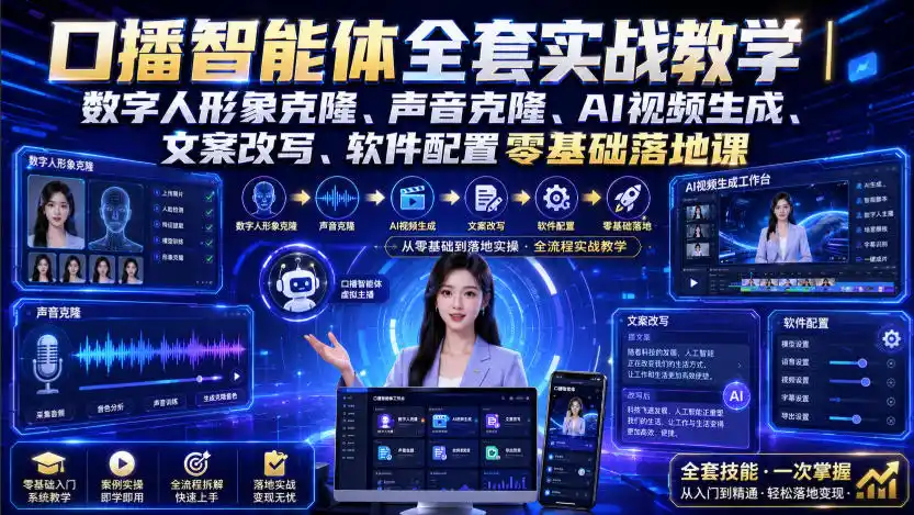 口播智能体全套实战教学｜数字人形象克隆、声音克隆、AI视频生成、文案改写、软件配置零基础落地课-百盟网