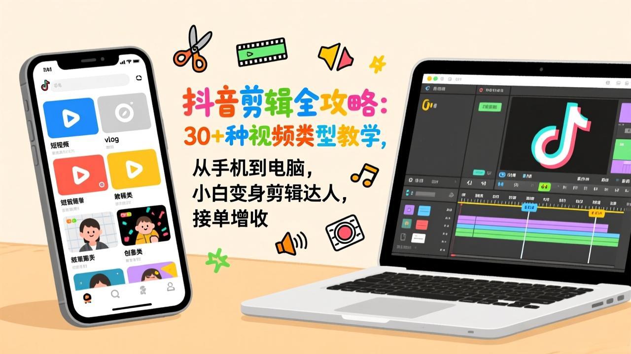 抖音剪辑全攻略：30+种视频类型教学，从手机到电脑，小白变身剪辑达人，接单增收-百盟网
