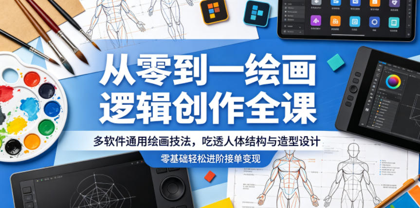 从零到一绘画逻辑创作全课，多软件通用绘画技法，吃透人体结构与造型设计，零基础轻松进阶接单变现-百盟网
