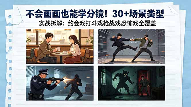 不会画画也能学分镜!30+场景类型实战拆解:约会戏打斗戏枪战戏恐怖戏全覆盖-百盟网