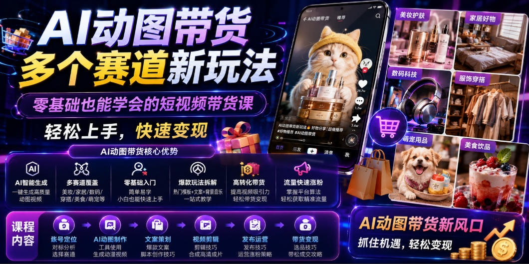 AI动图带货多个赛道新玩法，零基础也能学会的短视频带货课，轻松上手，快速变现-百盟网
