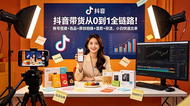 抖音带货从0到1全链路！账号搭建+选品+原创拍摄+混剪+投流，小白快速出单-百盟网