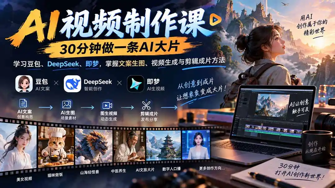 AI视频制作课-30分钟做一条AI大片：学习豆包、DeepSeek、即梦，掌握文案生图、视频生成与剪辑成片方法-百盟网