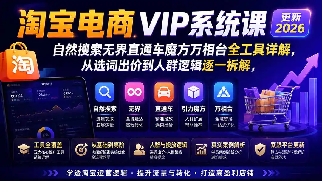淘宝电商VIP系统课-更新8月;自然搜索无界直通车魔方万相台全工具详解,从选词出价到人群逻辑逐一拆解-百盟网