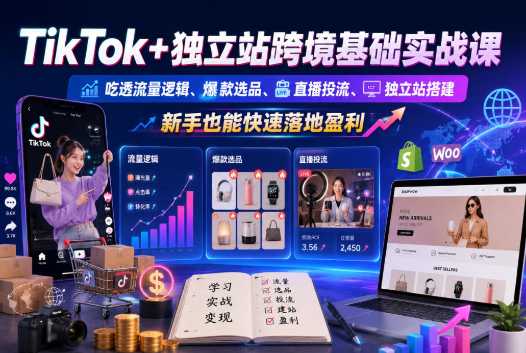 TikTok+独立站跨境基础实战课，吃透流量逻辑、爆款选品、直播投流与独立站搭建，新手也能快速落地盈利-百盟网