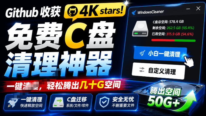 Github收获4K stars！免费C盘清理神器，轻松腾出几十G空间，支持C盘迁移Windows Cleaner