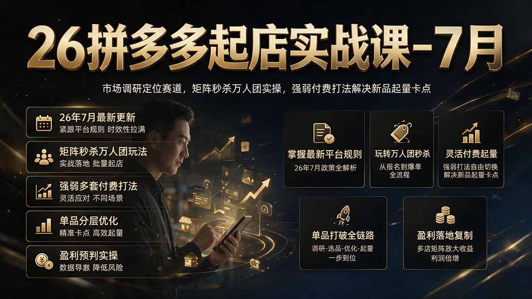 26拼多多起店实战课-7月｜市场调研定位赛道，矩阵秒杀万人团实操，强弱付费打法解决新品起量卡点-百盟网