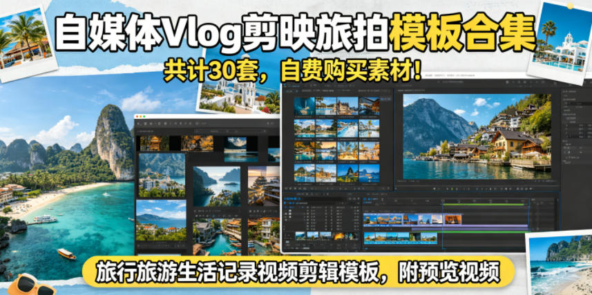 自媒体Vlog剪映旅拍模板合集，共计30套，自费购买素材！旅行旅游生活记录视频剪辑模板，附预览视频-百盟网