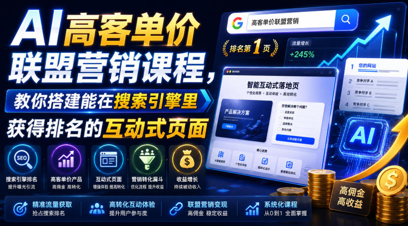 AI高客单价联盟营销课程，教你搭建能在搜索引擎里获得排名的互动式页面，引来流量，把访客转化为高佣金的成交【原创双语字幕】-百盟网